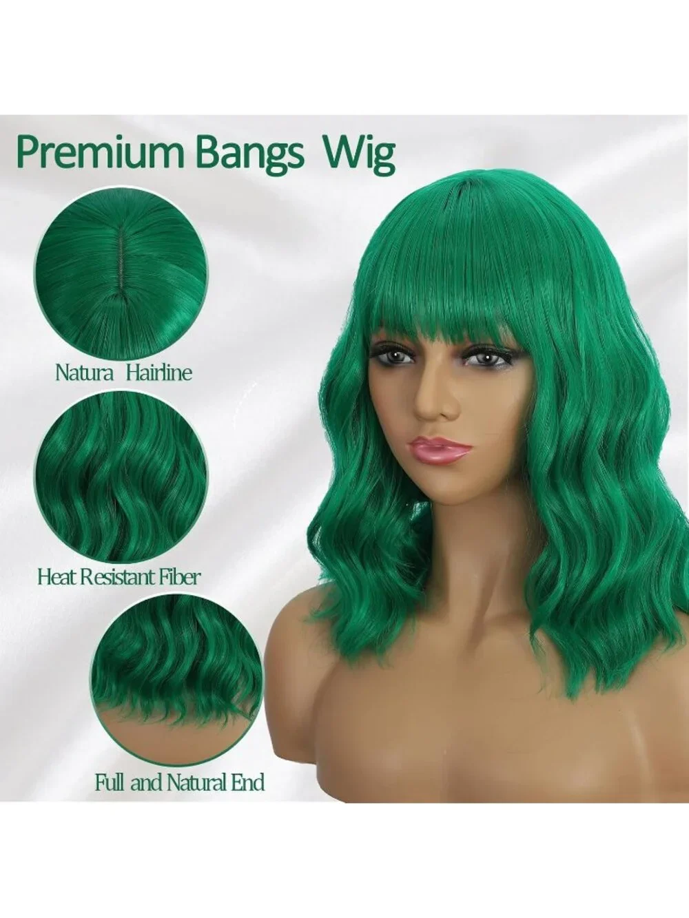Women's Lime Green 14 Inch Heat Resistant Synthetic Short Wavy Bob Wigs Bangs